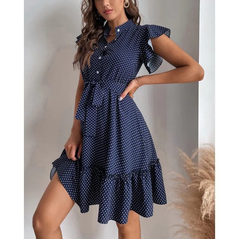 Navy Polka Dot Ruffle Sleeve Dress sold by Zulily
