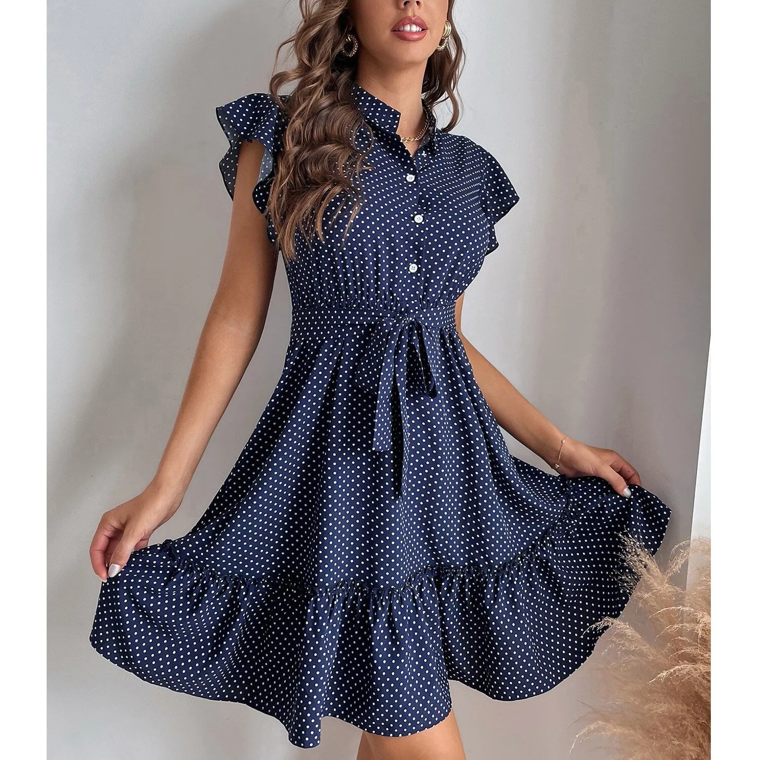 Navy Polka Dot Ruffle Sleeve Dress sold by Zulily product image thumbnail 3