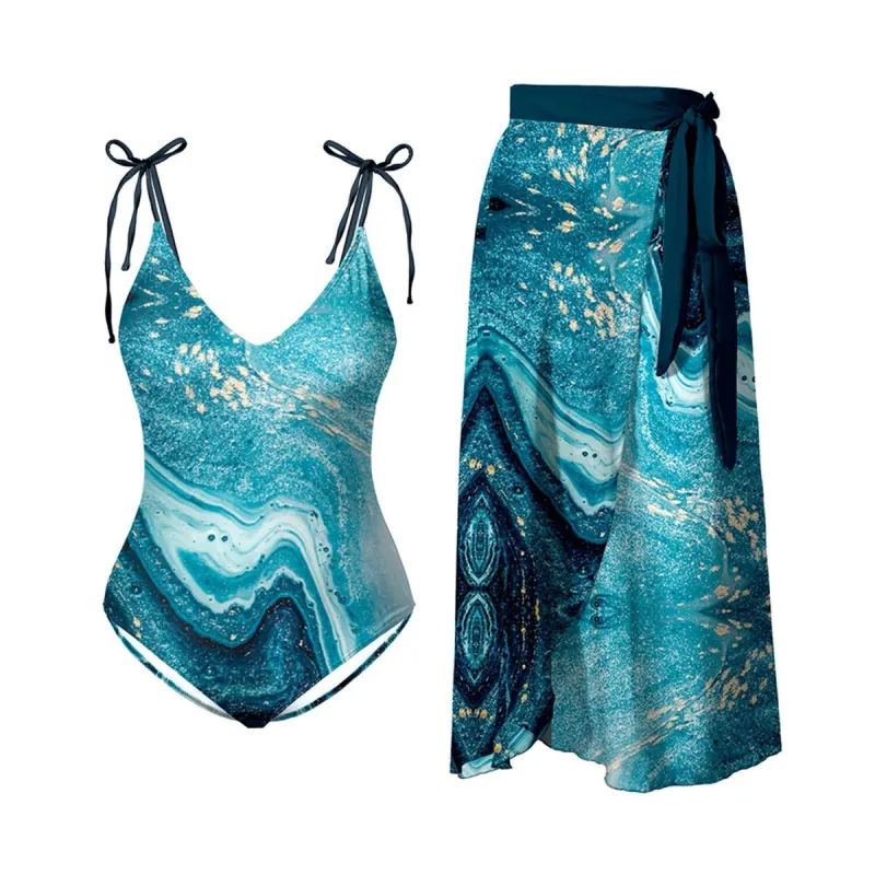 Dark Turquoise Abstract Marble Print One-Piece Swimsuit & Cover-Up Skirt sold by Zulily