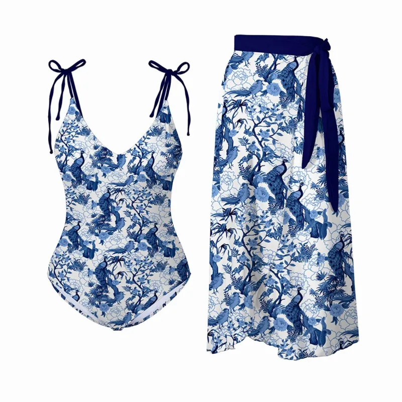 White & Blue Floral Peacock Print One-Piece Swimsuit & Cover-Up Skirt sold by Zulily