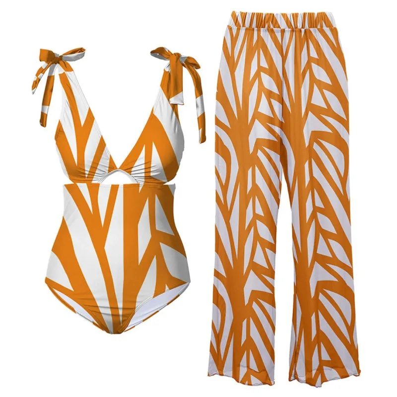 White & Orange Geometric Print Tie-Strap One-Piece & Pants Cover-Up sold by Zulily