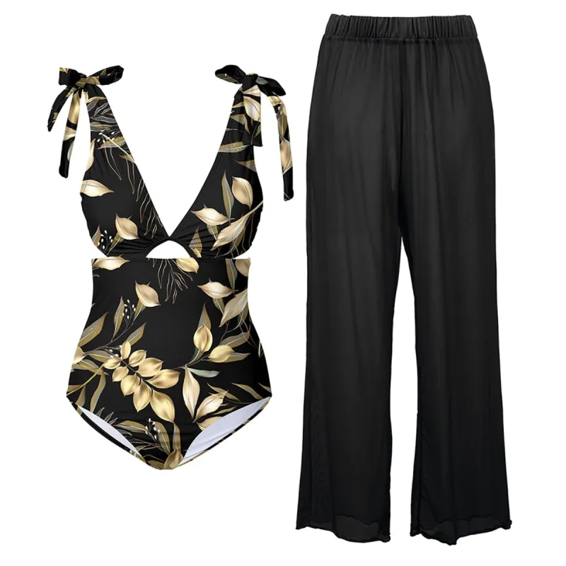 Black & Golden Camel Leaf Print Tie-Strap One-Piece & Pants Cover-Up sold by Zulily