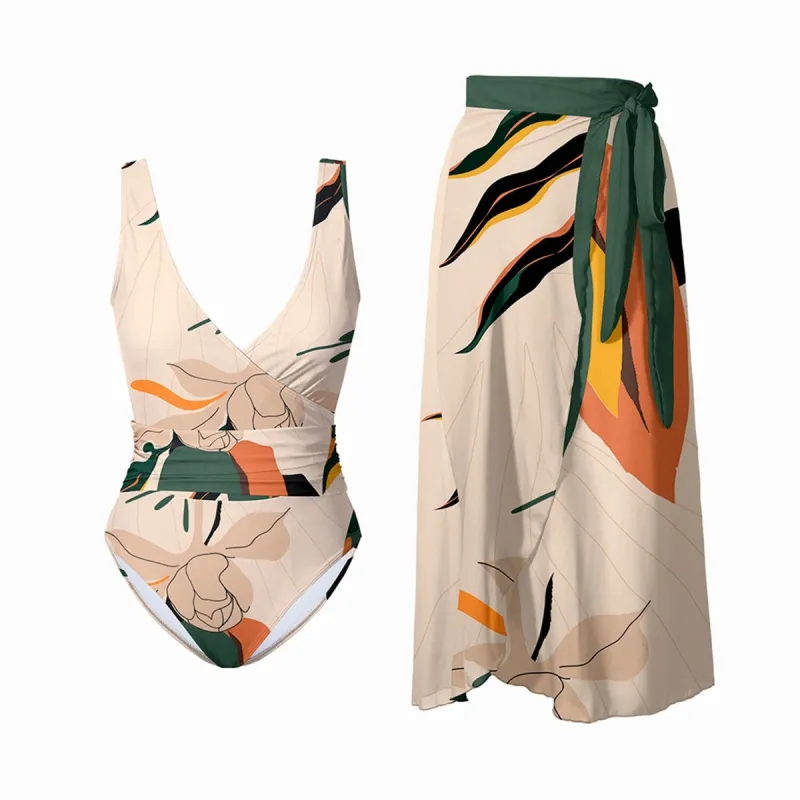 Light Apricot & Green Floral Print One-Piece Swimsuit & Cover-Up Skirt sold by Zulily