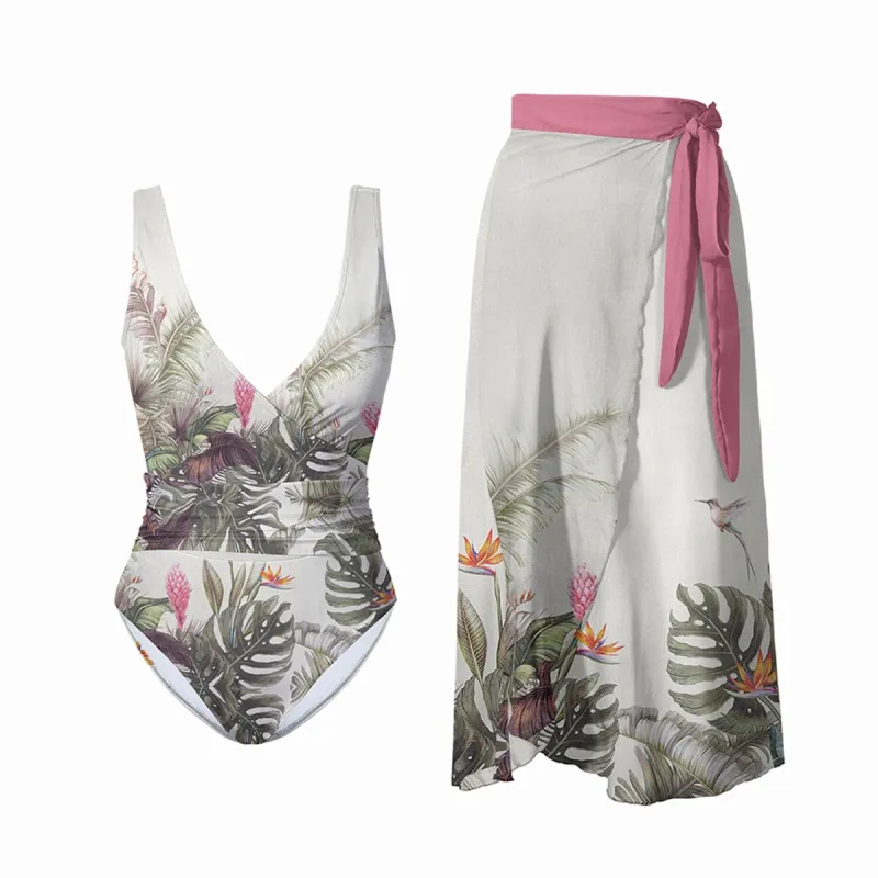 Green & Pink Tropical Floral Leaf Print One-Piece & Cover-Up Skirt sold by Zulily