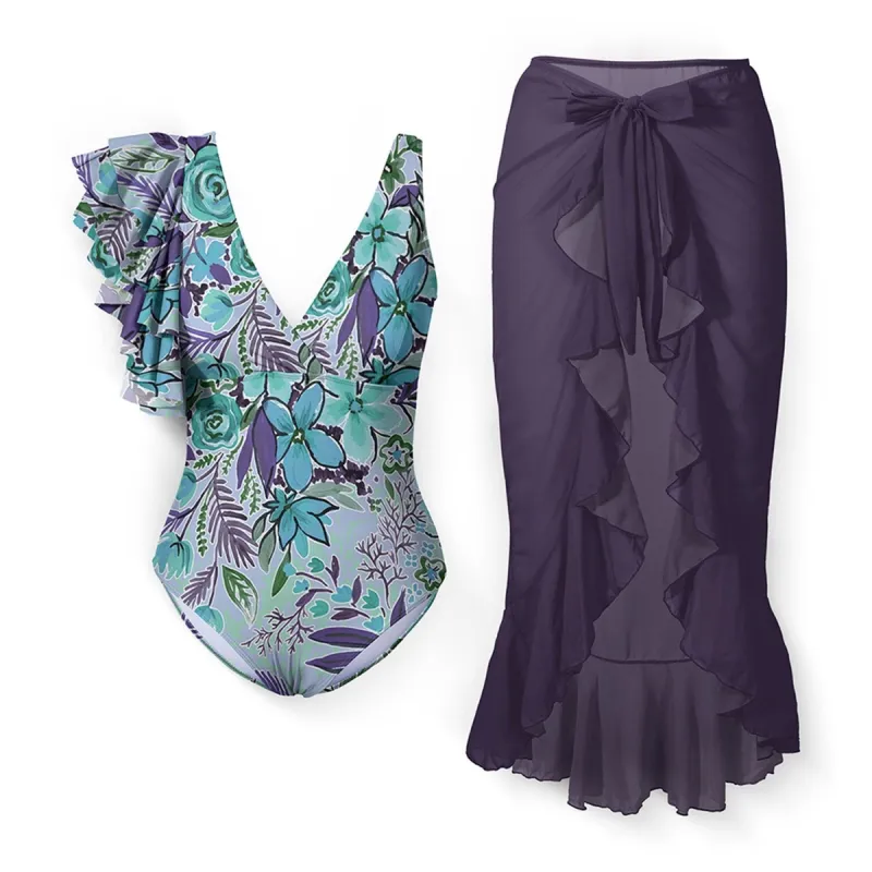 Purple & Turquoise Watercolor Floral Leaf Print Asymmetric-Ruffle One-Piece & Cover-Up Skirt sold by Zulily