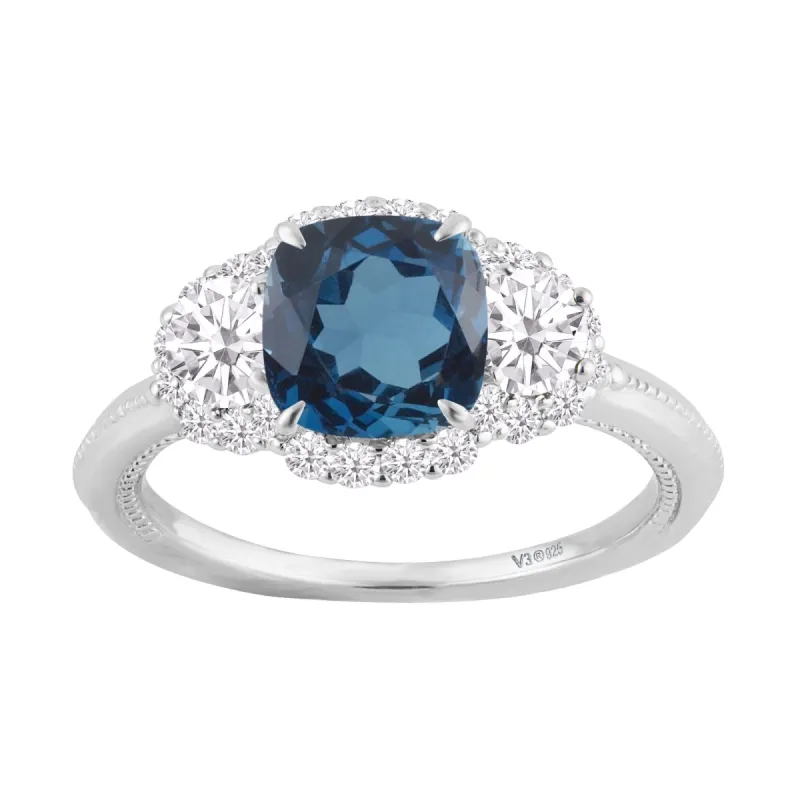 Sterling Silver Natural London Blue Topaz, Moissanite and White Zircon Three Stone Ring sold by Zulily