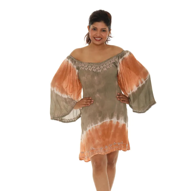 Tie-Dye Embroidered Lace-Hem Bell-Sleeve Dress sold by Zulily