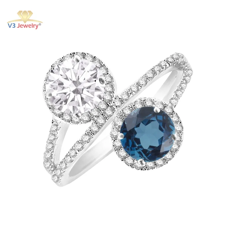 V3 Jewelry 925 Sterling Silver London Blue Topaz, Moissanite and White Topaz Bypass Ring for Women sold by Zulily