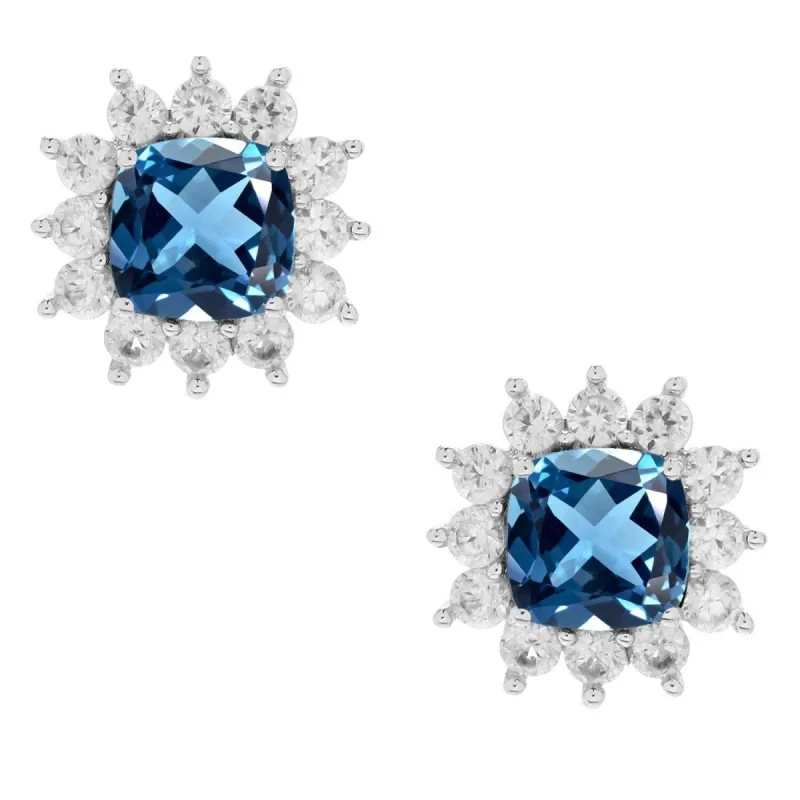 Sterling Silver with Cushion Cut Natural London Blue Topaz and White Zircon Halo Stud Earring sold by Zulily