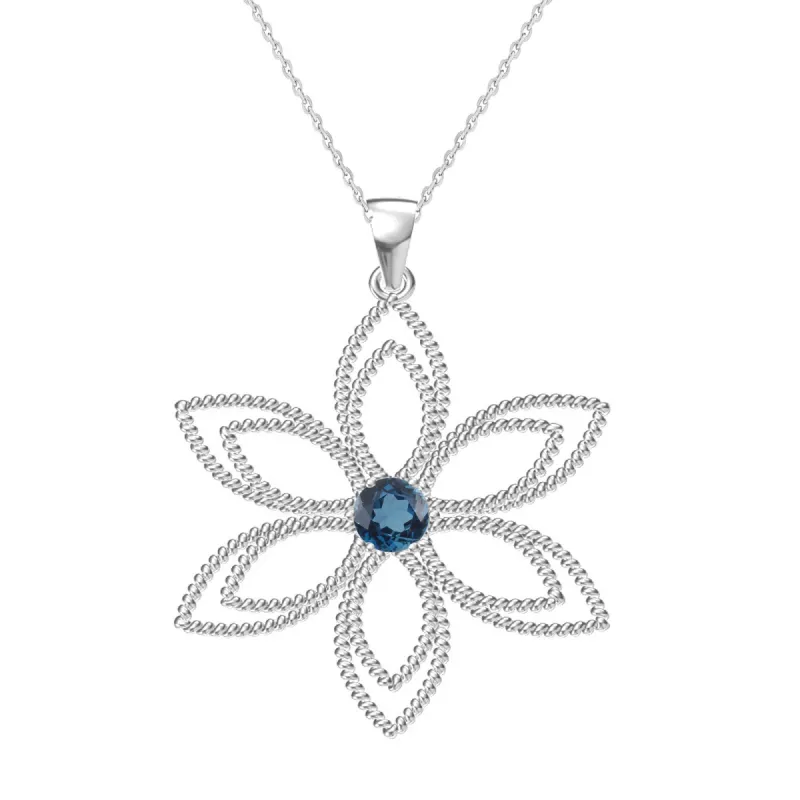 V3 Jewelry Sterling Silver Round Shape Natural London Blue Topaz Flower Pendant sold by Zulily