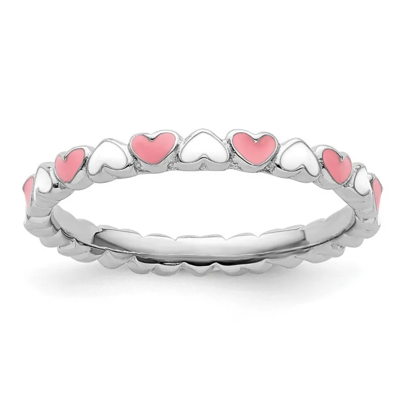 Curata 925 Sterling Silver Polished Pink Enamel Stackable Pink and White Enamel Heart Ring - 2.5mm sold by Zulily
