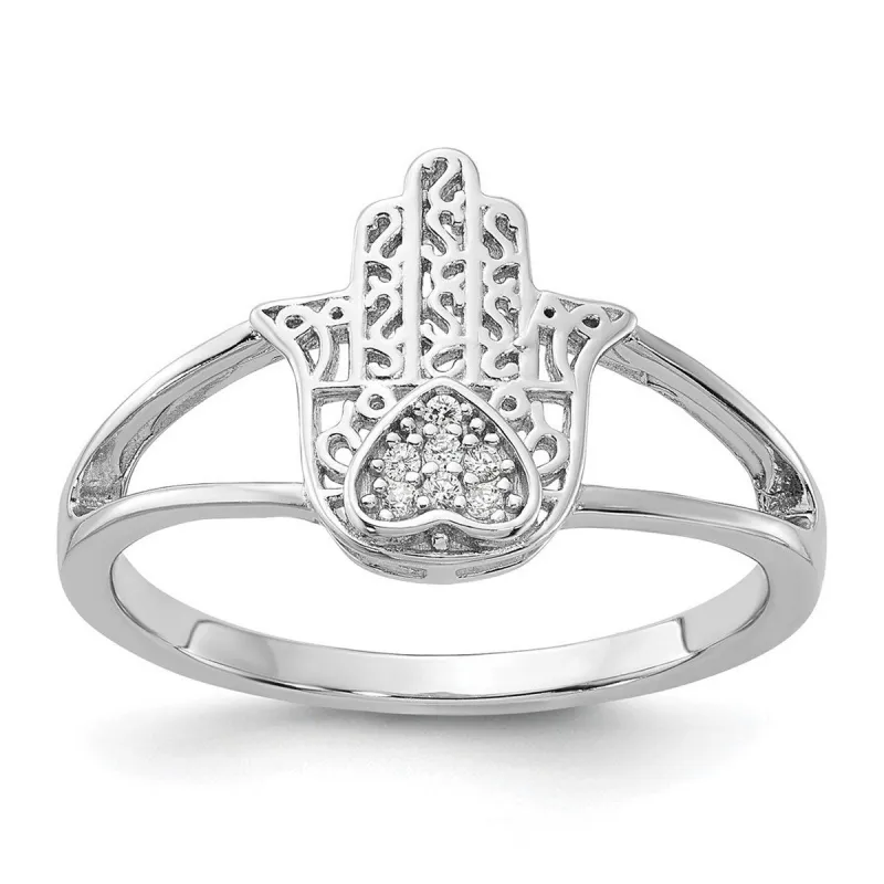 Curata 925 Sterling Silver Rhodium Plated Cubic Zirconia Heart Hamsa Ring sold by Zulily