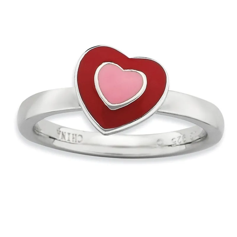 Curata 925 Sterling Silver Red and Pink Enamel Stackable Polished Hearts Ring sold by Zulily