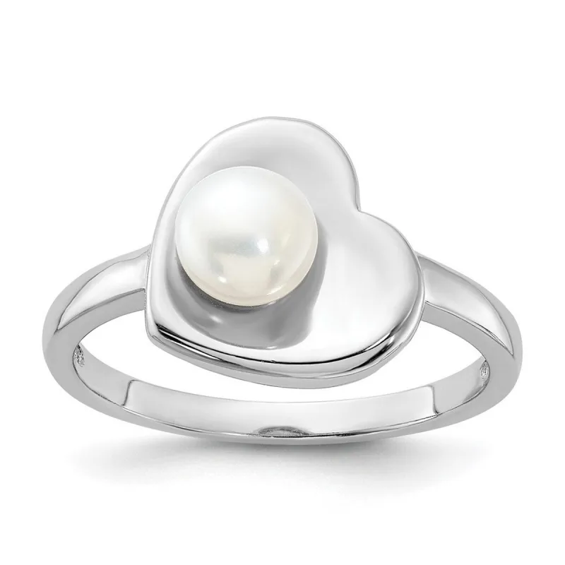 Curata 925 Sterling Silver Rhodium Plated 5-6mm White Freshwater Cultured Pearl Heart Ring sold by Zulily