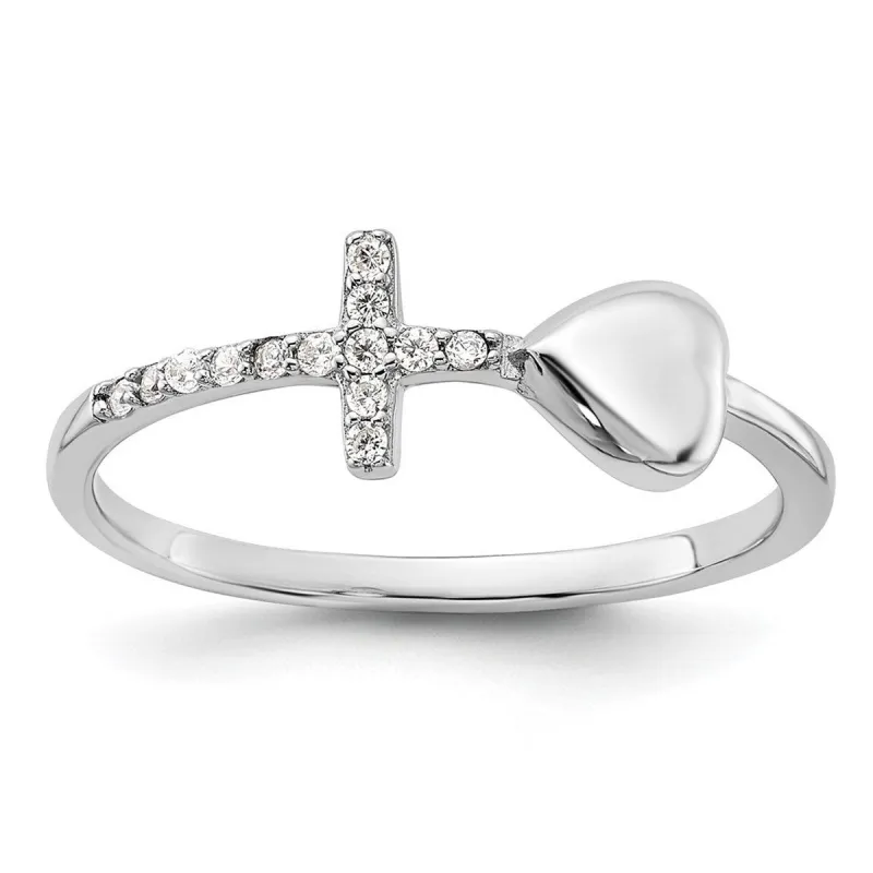 Curata 925 Sterling Silver Rhodium Plated Heart and Cubic Zirconia Cross Ring sold by Zulily