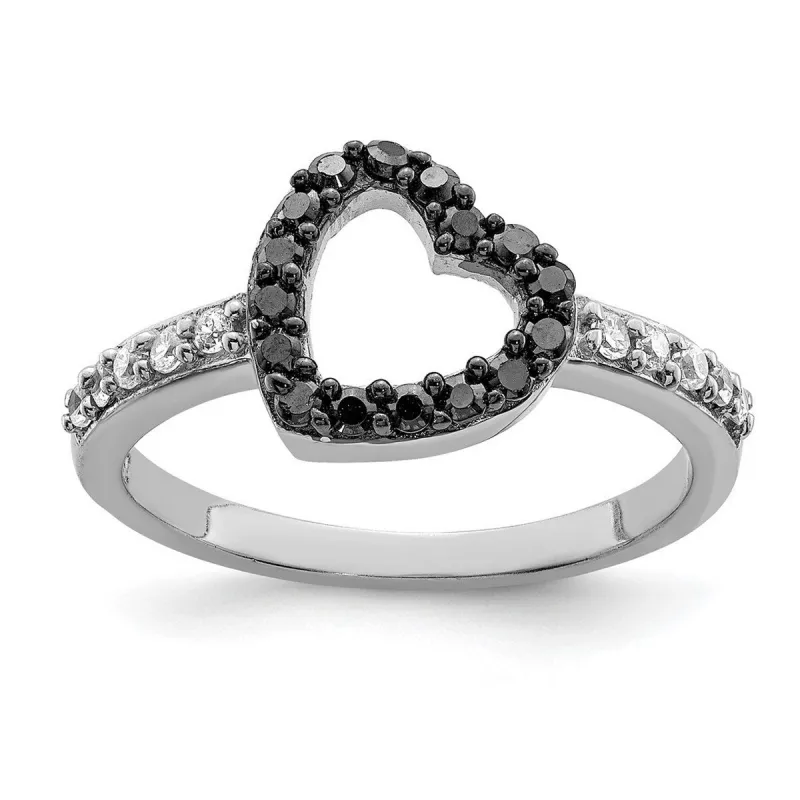 Curata 925 Sterling Silver Rhodium Black and White Cubic Zirconia Heart Ring sold by Zulily