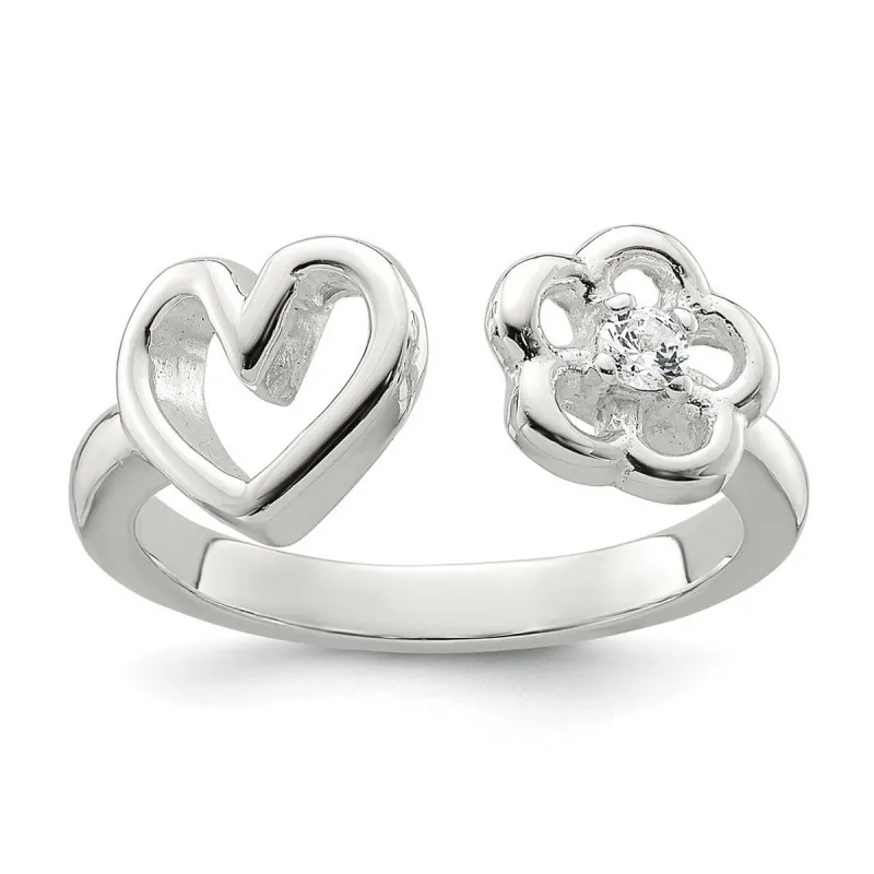 Curata 925 Sterling Silver Polished Cubic Zirconia Flower and Heart Open Ring sold by Zulily