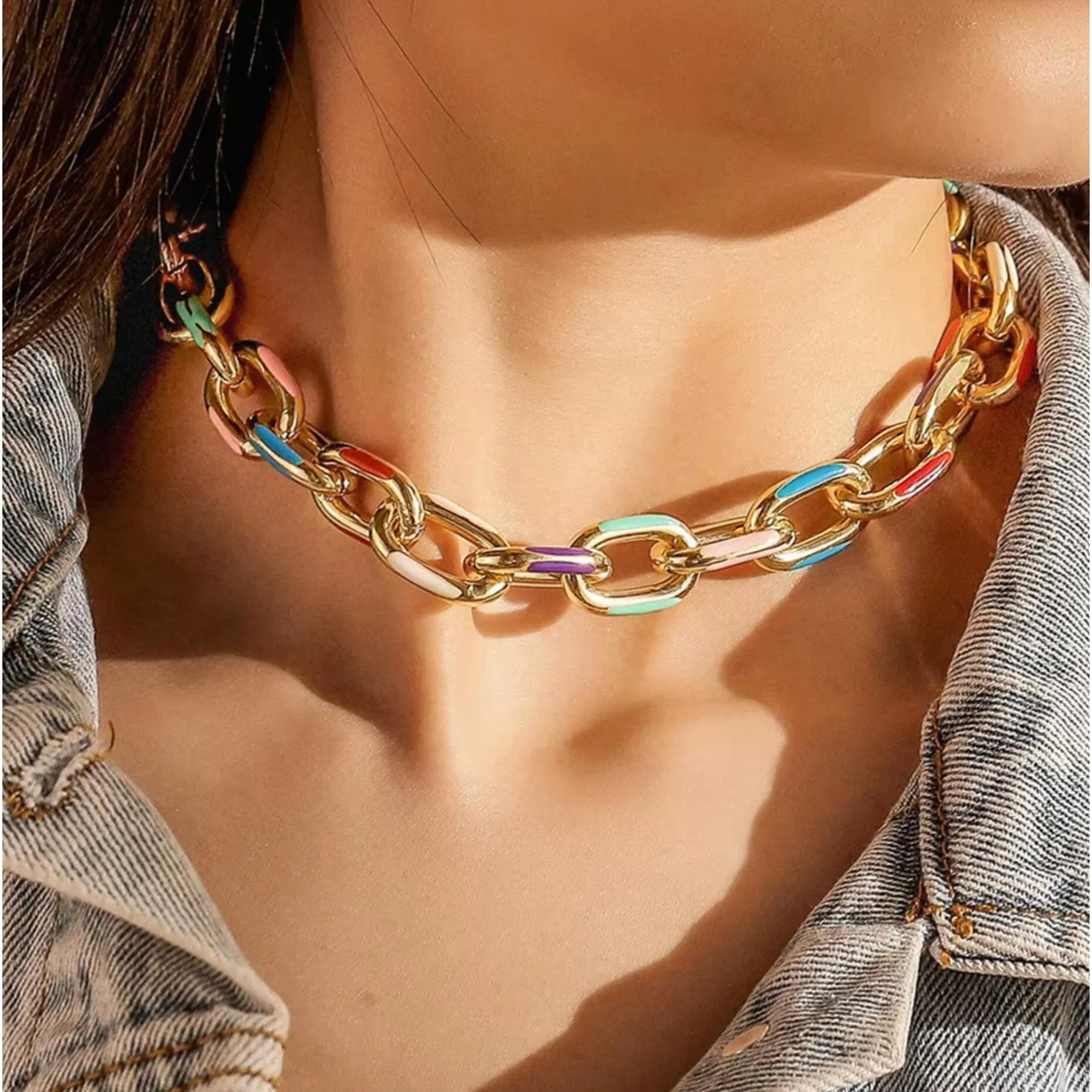 Goldtone Multi Colored Chain Link Necklace - Gold sold by Zulily product image thumbnail 3