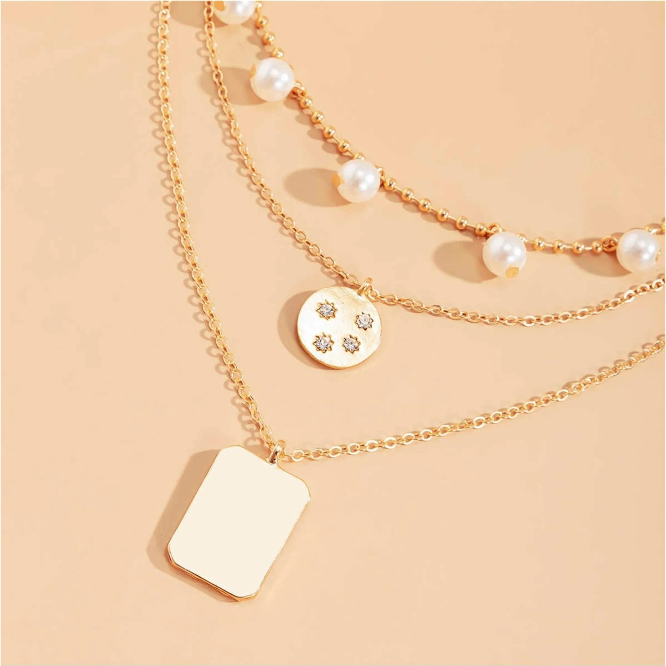 Goldtone Multi Layered Disk And Rectangular Necklace With Pearls And Crystals - Gold sold by Zulily product image thumbnail 2