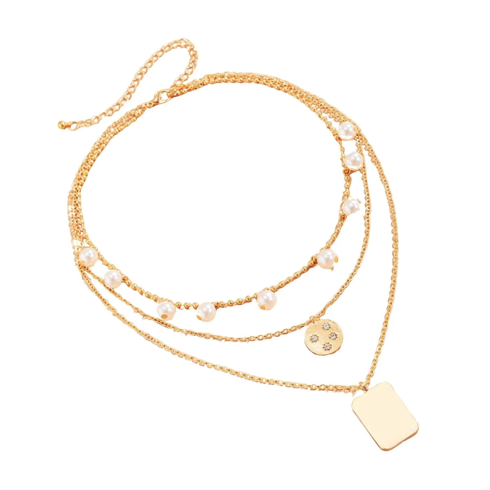 Goldtone Multi Layered Disk And Rectangular Necklace With Pearls And Crystals - Gold sold by Zulily