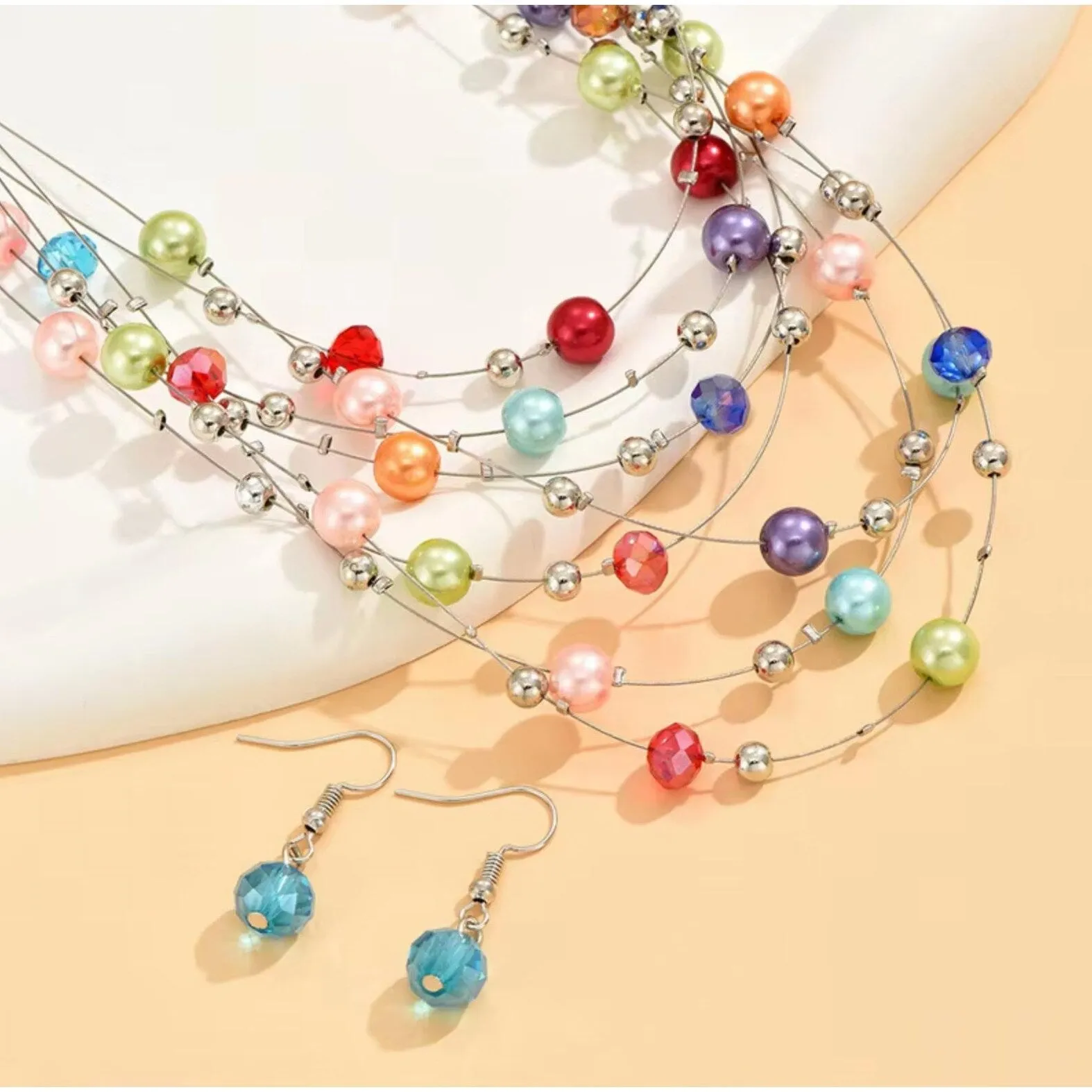 Silvertone & Metallic Multi-Colored Beaded Layered Necklace with Blue Faceted Drop Earrings - Silver sold by Zulily product image thumbnail 2