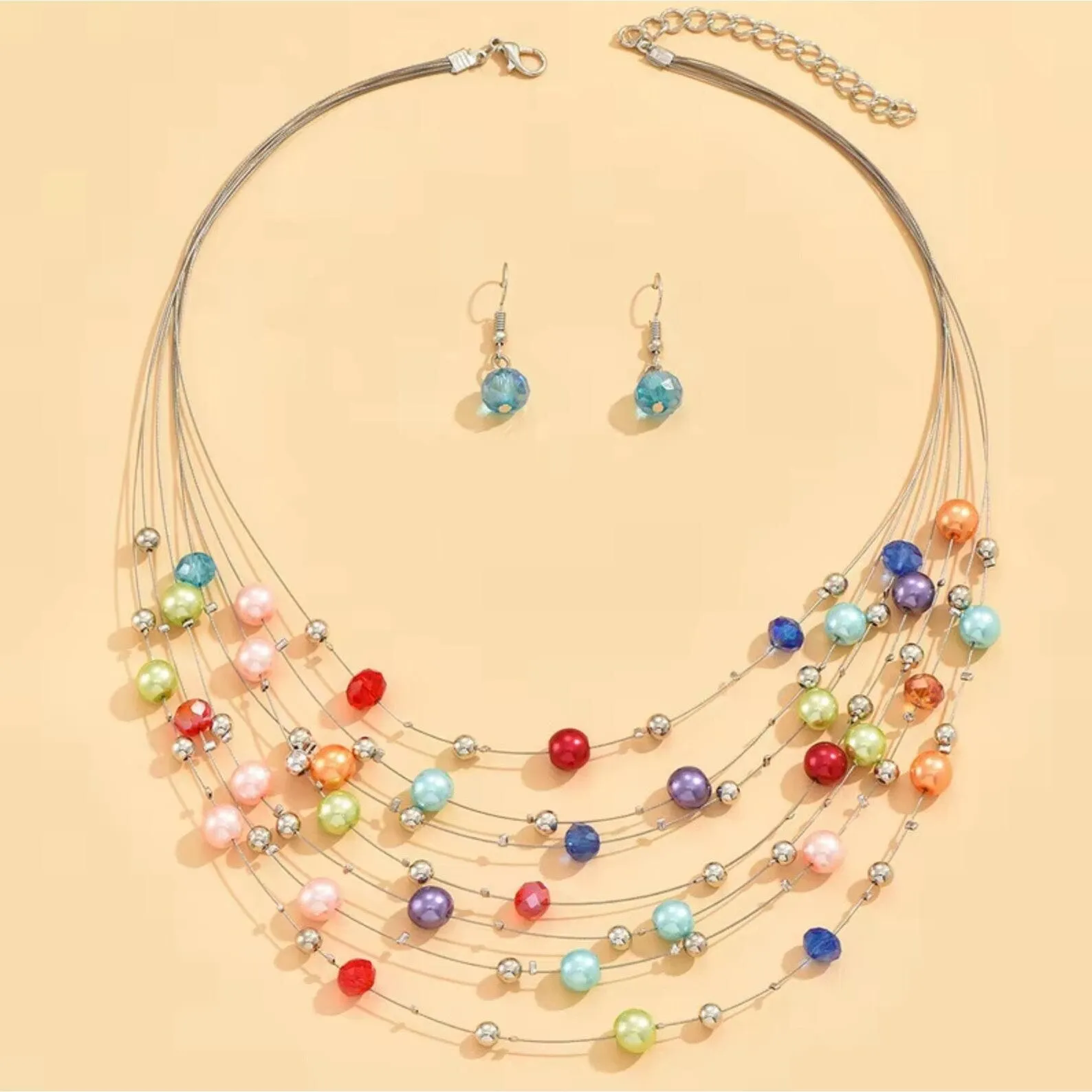 Silvertone & Metallic Multi-Colored Beaded Layered Necklace with Blue Faceted Drop Earrings - Silver sold by Zulily product image thumbnail 3