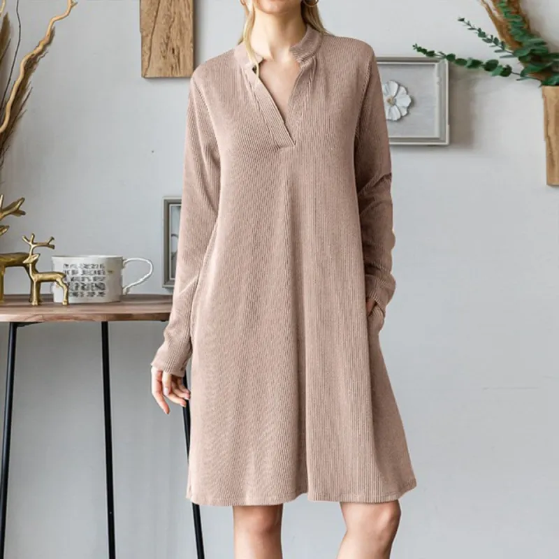 Khaki Notched Long Sleeve Lounge Dress sold by Zulily