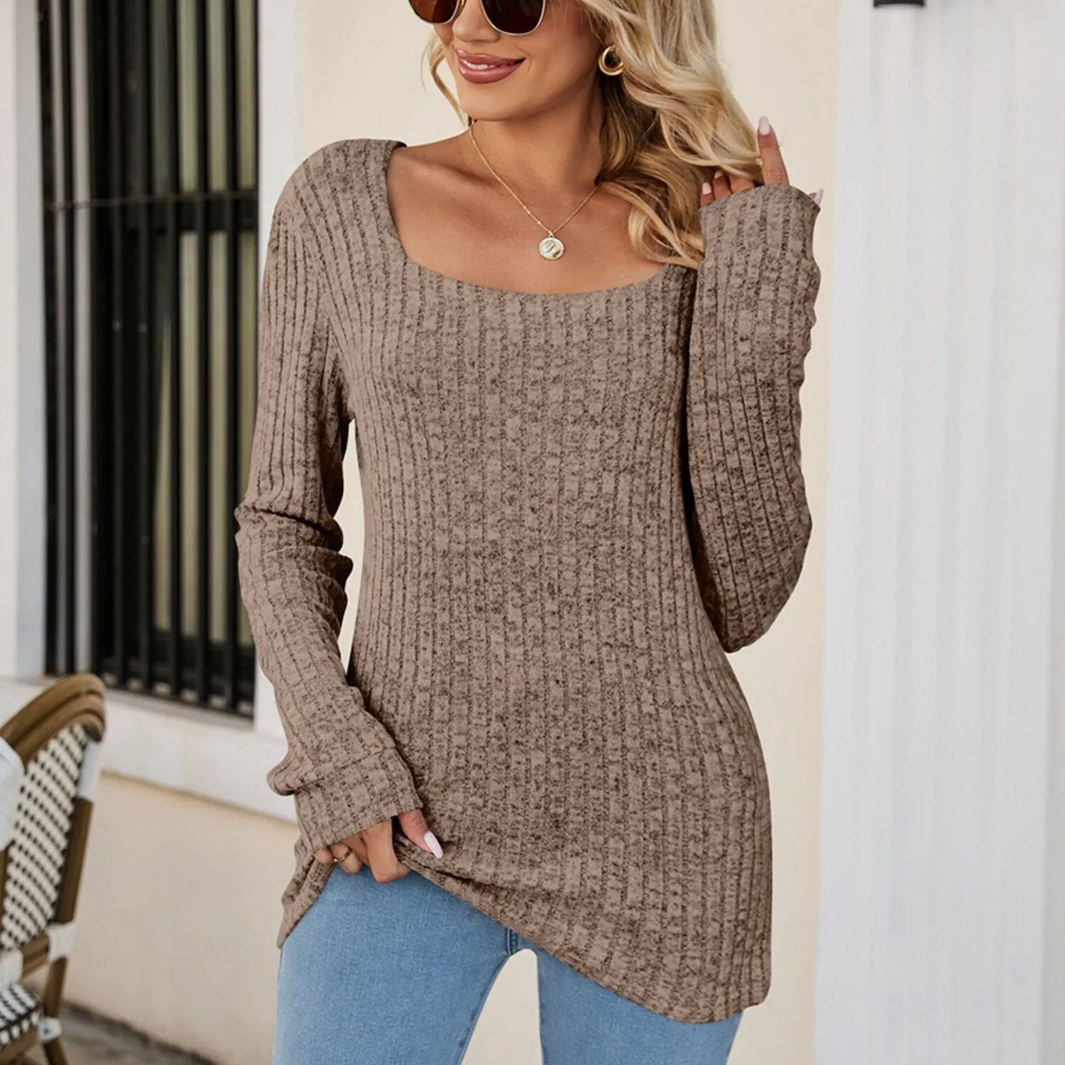 Khaki Square Neck Long Sleeve Top sold by Zulily