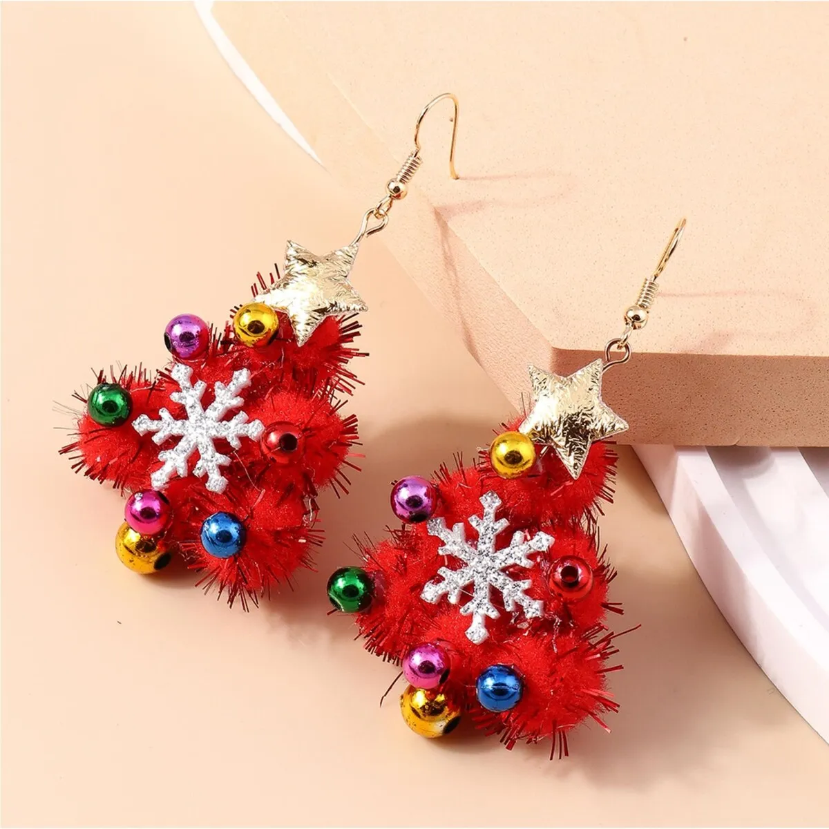 Red Pom Pom Decorated Christmas Tree Drop Earrings sold by Zulily