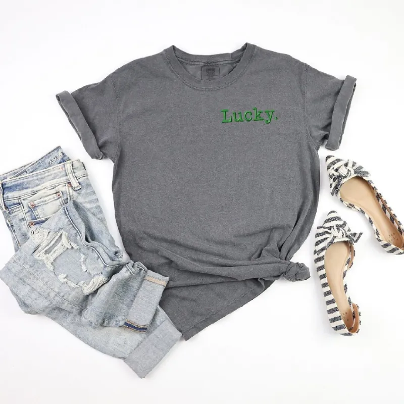 Embroidered Lucky Typewriter Garment Dyed Tee sold by Zulily