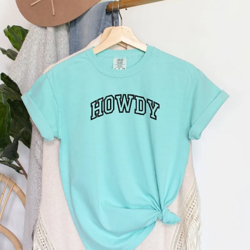 Embroidered Howdy Varsity Outline Garment Dyed Tee sold by Zulily