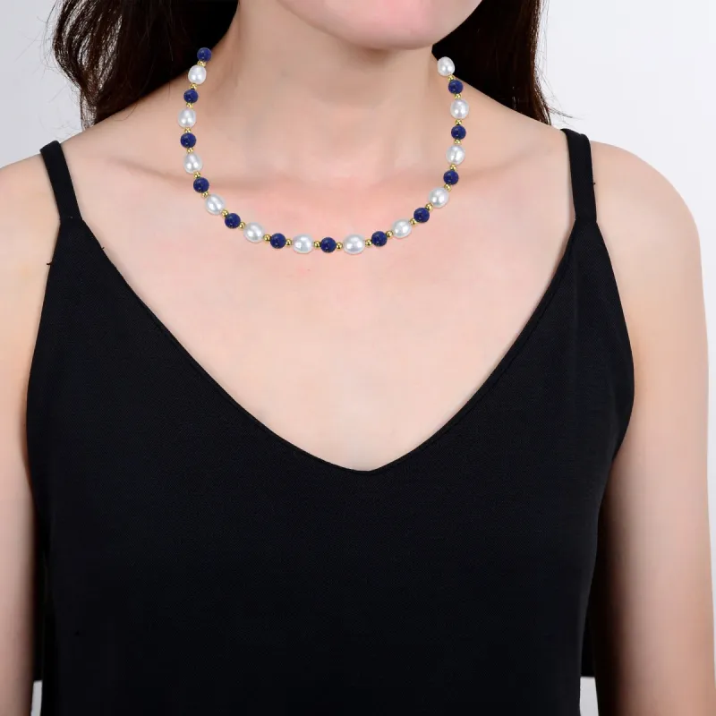 Gold Over Sterling Silver with Lapis Lazuli, Pearl and Silver Beads Beaded Necklace-18" Chain sold by Zulily