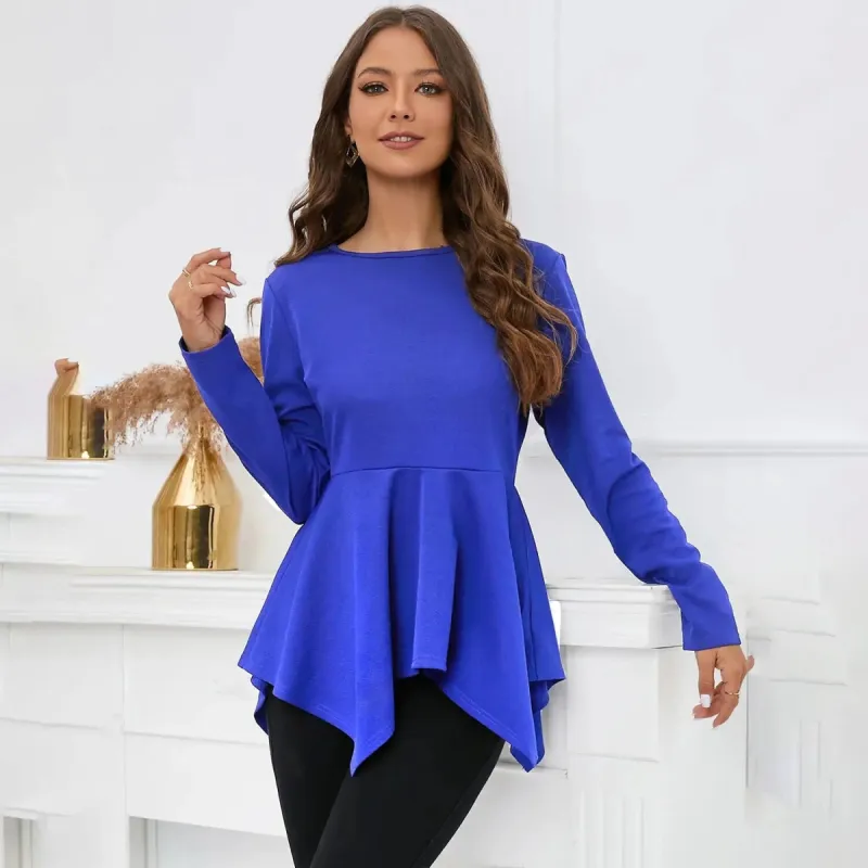 Blue Peplum Round Neck Long Sleeve Top sold by Zulily