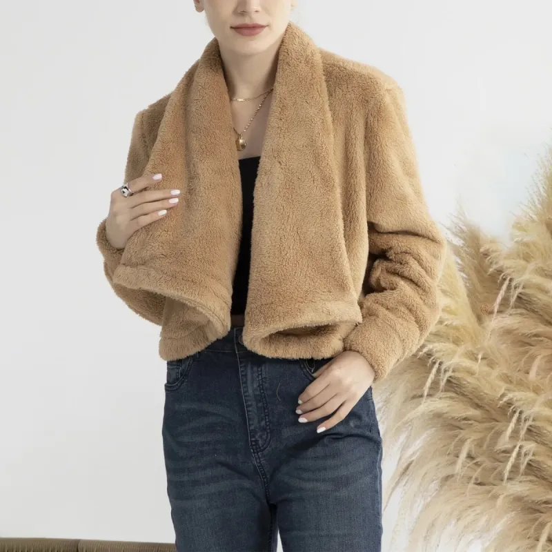 Khaki Large Lapel Fleece Coat sold by Zulily