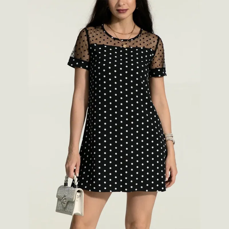 Black Polka Dot Short Sleeve Mini Dress sold by Zulily