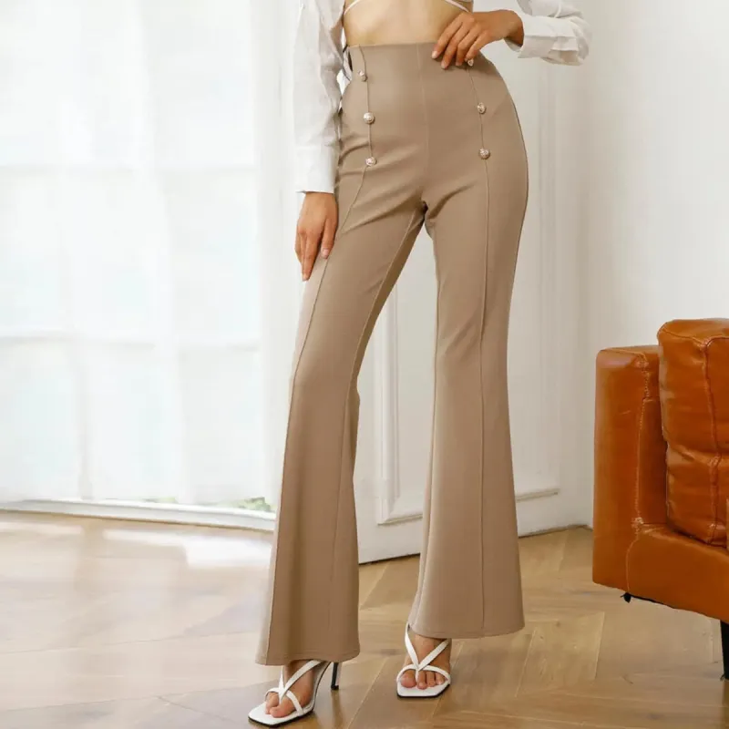 Khaki Button-Accent Flare Pants sold by Zulily