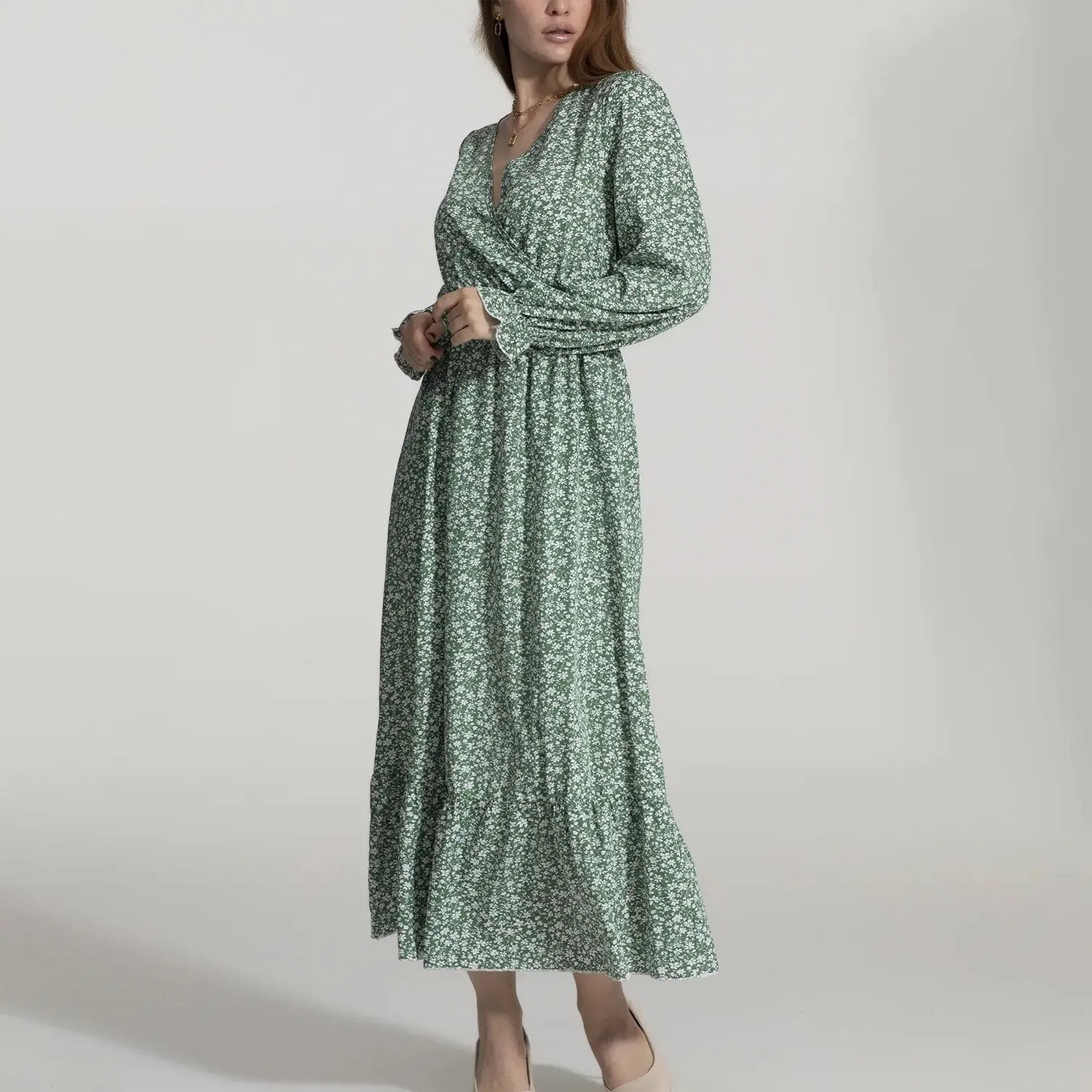 Green Floral Wrap Ruffle-Hem Dress sold by Zulily