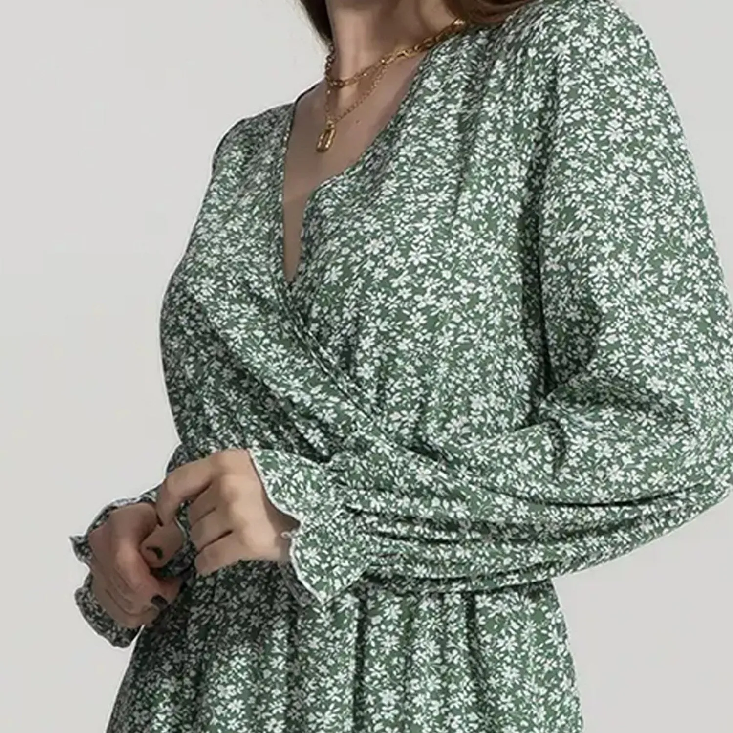 Green Floral Wrap Ruffle-Hem Dress sold by Zulily product image thumbnail 4