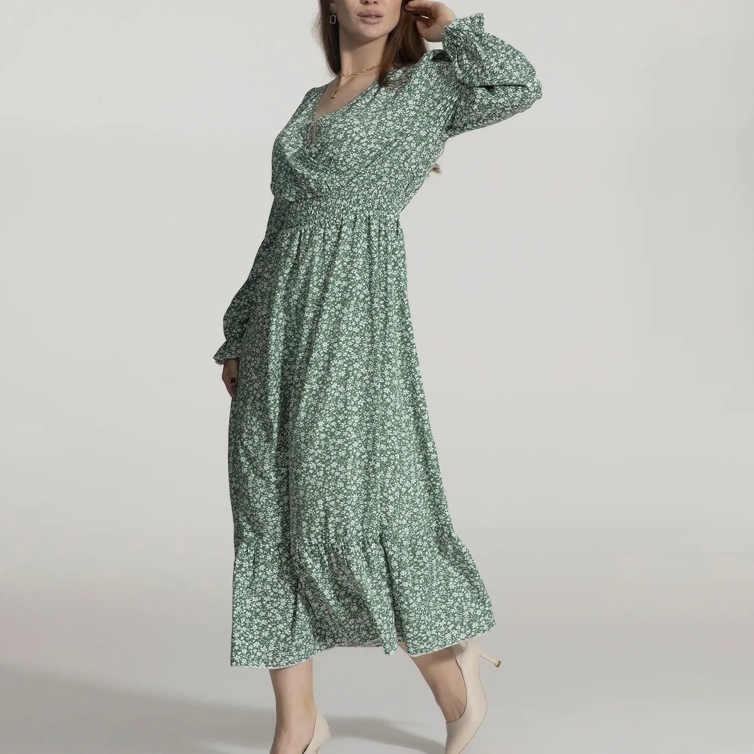 Green Floral Wrap Ruffle-Hem Dress sold by Zulily product image thumbnail 2