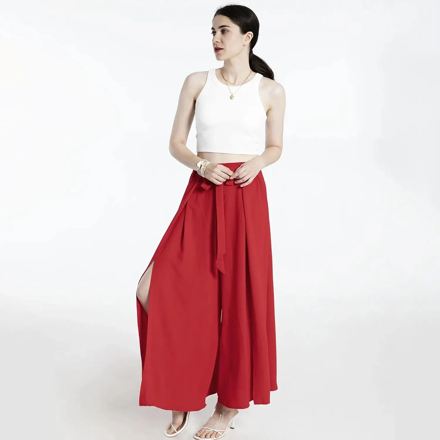 Red Tied Slit Wide Leg Pants sold by Zulily