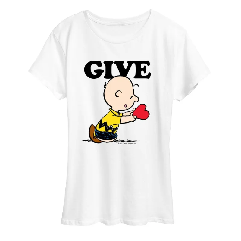 Women's Peanuts Charlie Brown Give Heart Short Sleeve Tee sold by Zulily