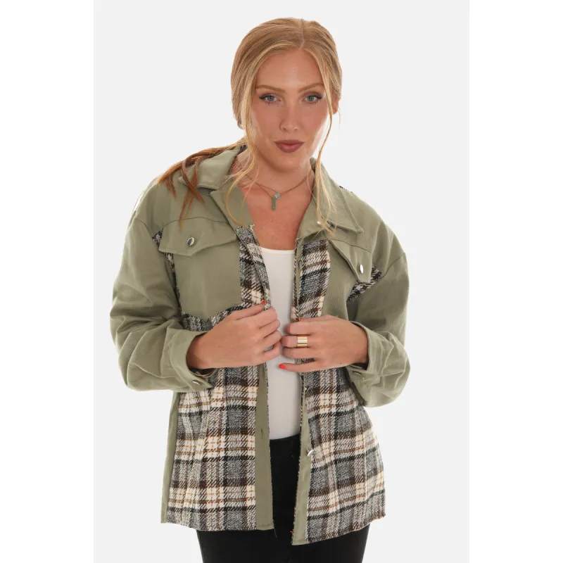 Denim Jacket with Plaid Inset sold by Zulily