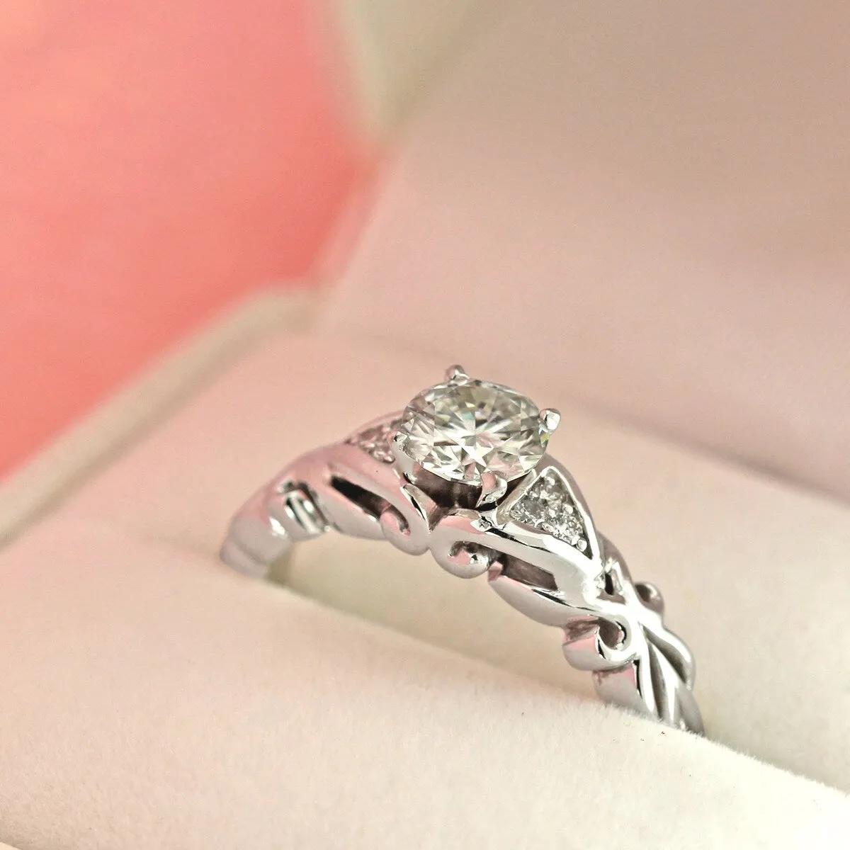 Auriya 14k Gold Carved 1ct Moissanite and Diamond Engagement Ring 1/10ctw sold by Zulily product image thumbnail 2