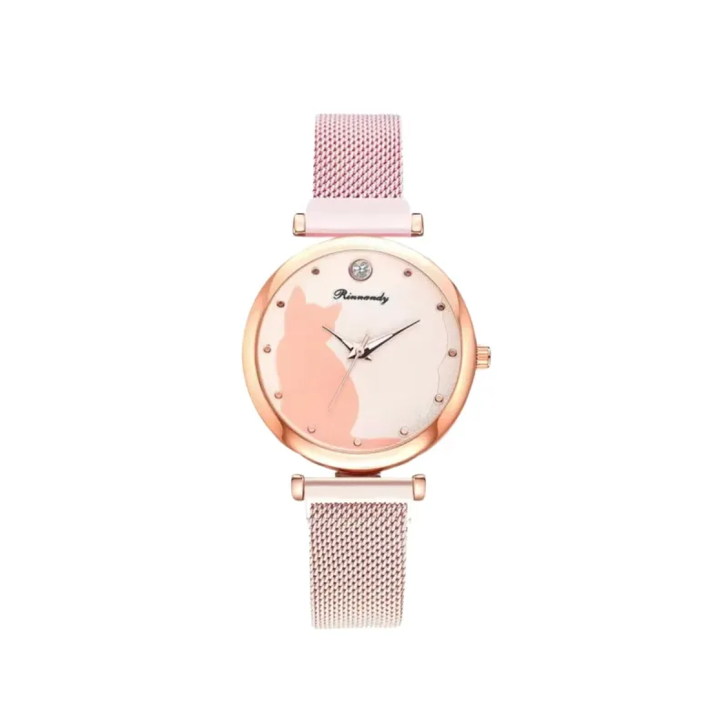 Pink Rose and Goldtone Cat Watch made by Zulily