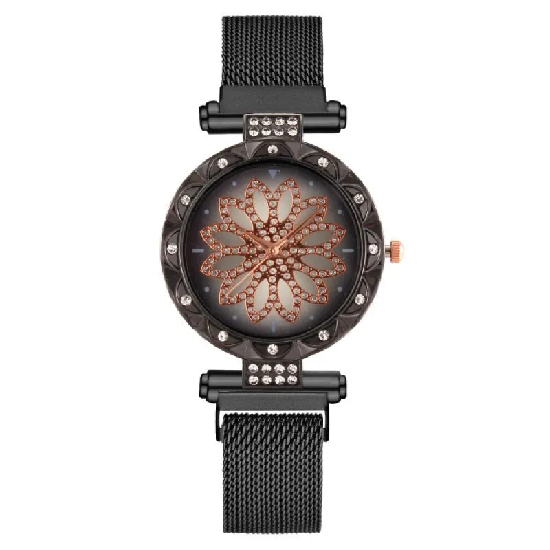 Black Gold Crystal Flower Mesh Bracelet Watch - Black Goldtone sold by Zulily