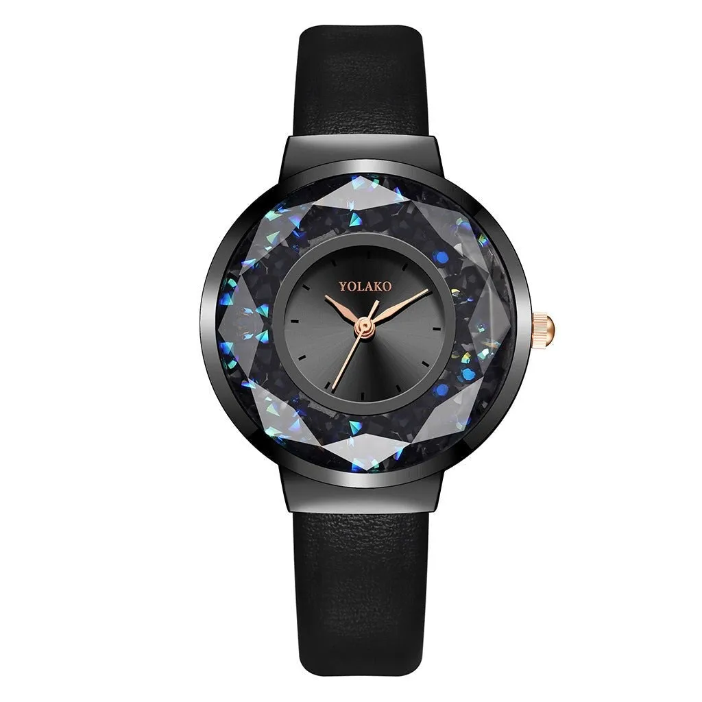 Black Geometric Loose Iridescent Crystal Faux-leather Strap Watch sold by Zulily