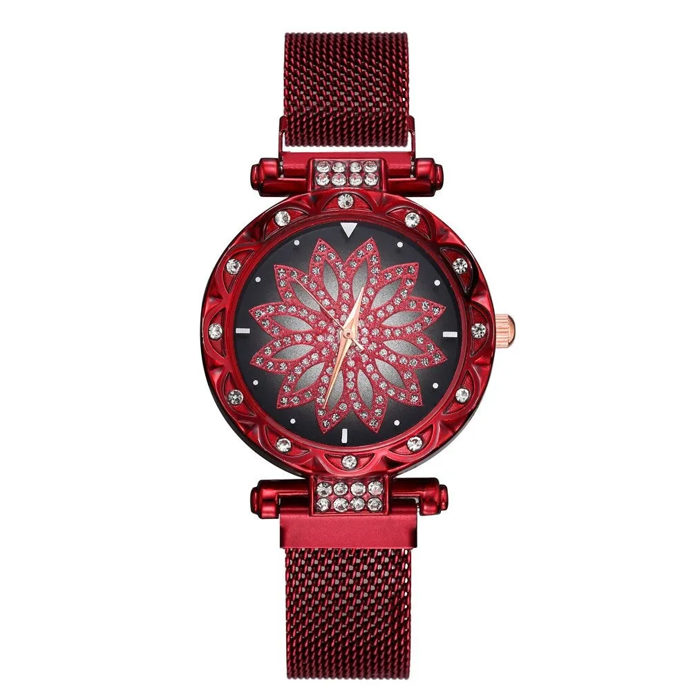 Red Crystal Flower Mesh Bracelet Watch sold by Zulily