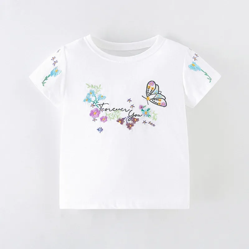 White Floral Butterfly Embroidery Round Neck Short-Sleeve T-Shirt sold by Zulily
