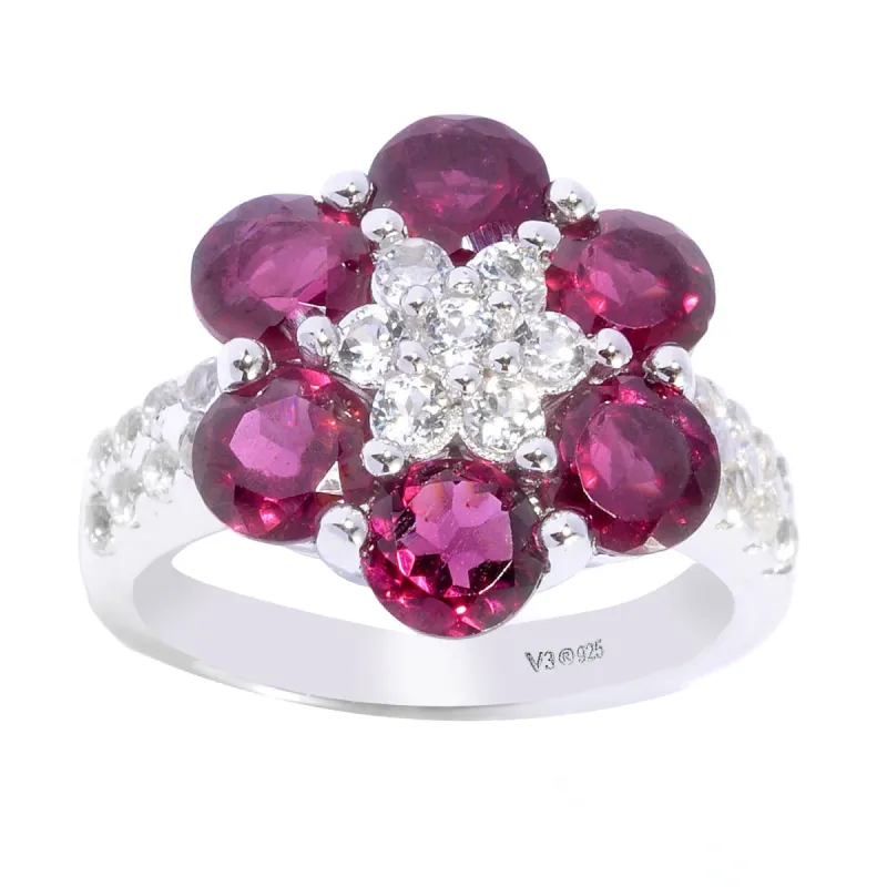 Sterling Silver with Natural Rhodolite Garnet & Natural White Topaz Flower Ring sold by Zulily