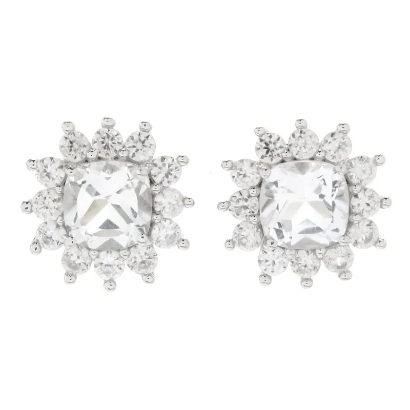 Sterling Silver with Cushion Cut Natural White Topaz and White Zircon Halo Stud Earrings sold by Zulily